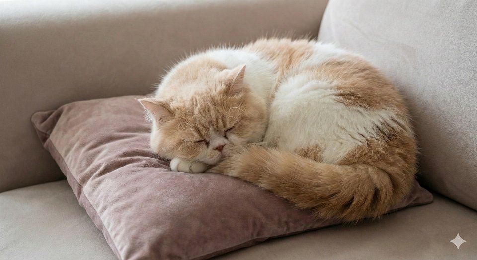 Gato Persa dormindo profundamente e relaxado em cima de uma almofada macia no sofá.