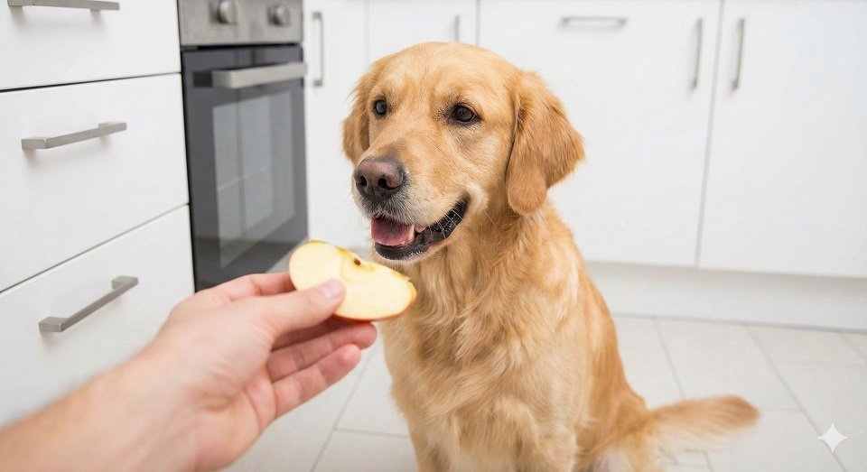 Tutor oferecendo uma fruta segura (como maçã sem semente) para o cachorro.