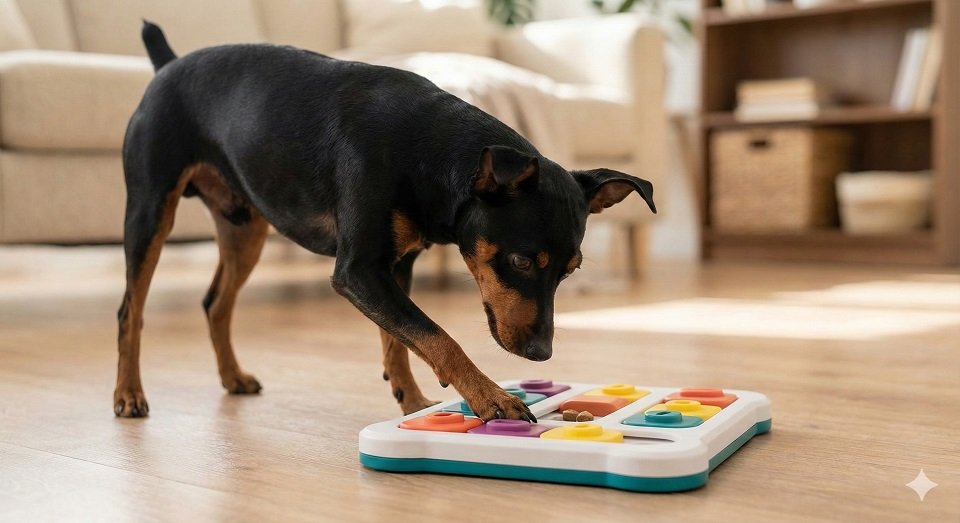 Cão Pinscher brincando com um mordedor natural para gastar energia mental.