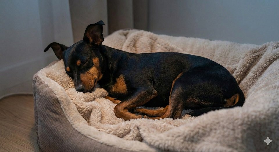 Pinscher dormindo enrolado em uma coberta macia, descansando.