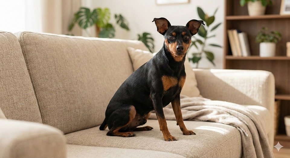 Cachorro Pinscher saudável e atento sentado confortavelmente no sofá.