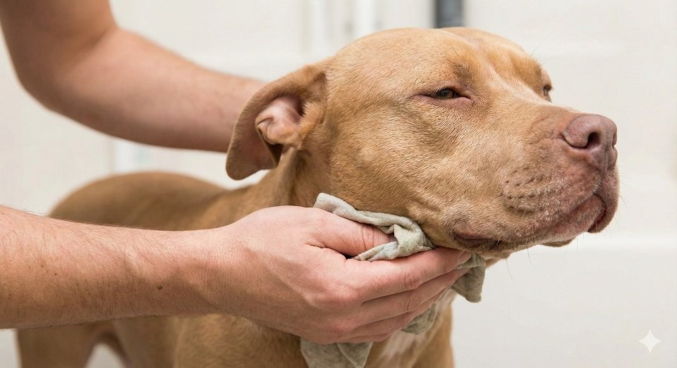 Cão Pitbull recebendo cuidados de higiene, destacando a pele sensível da raça.