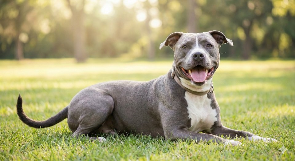 Cachorro Pitbull com pelagem cinza e branca sorrindo deitado na grama, parecendo dócil.
