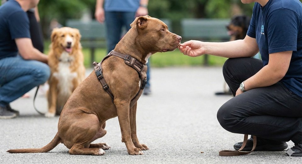 Tutor treinando um Pitbull com petiscos em um parque, focando em socialização.