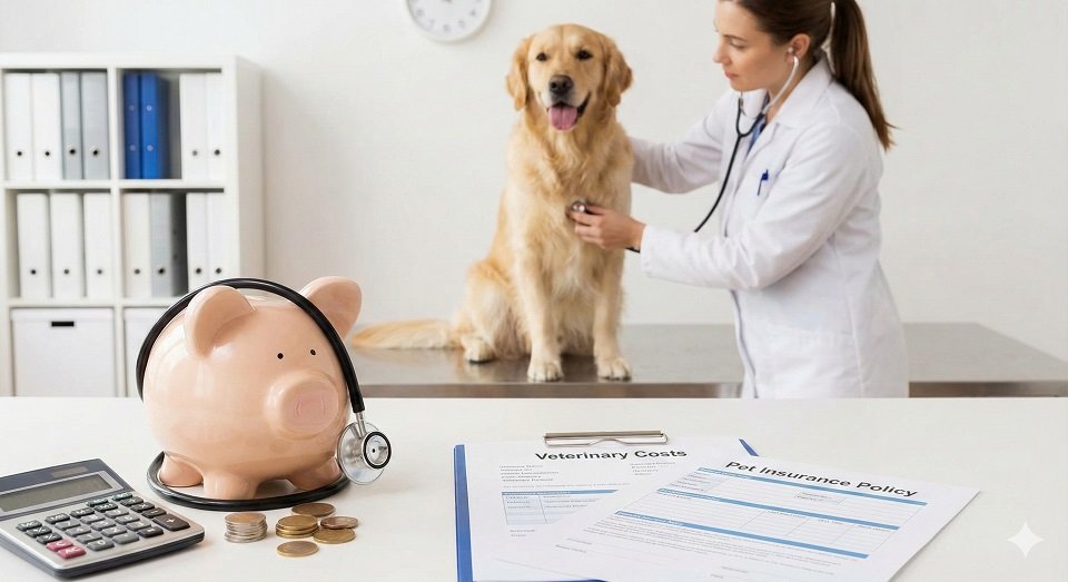 Montagem mostrando um cão feliz sendo examinado por veterinário e um cofrinho com estetoscópio, ilustrando se o plano de saúde pet vale a pena