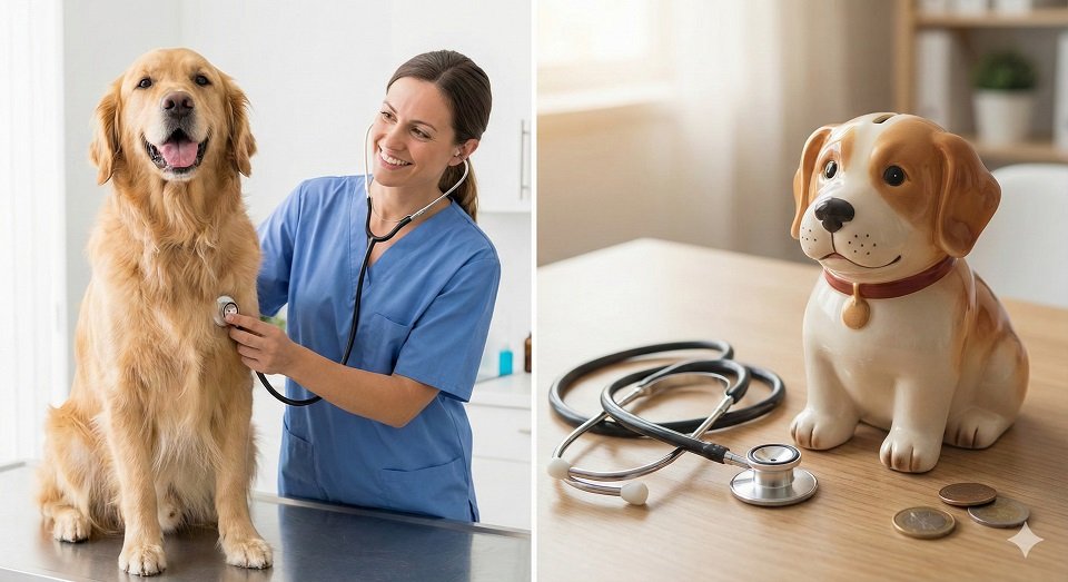 Montagem mostrando um cão feliz sendo examinado por veterinário e um cofrinho com estetoscópio, ilustrando a economia com plano de saúde pet