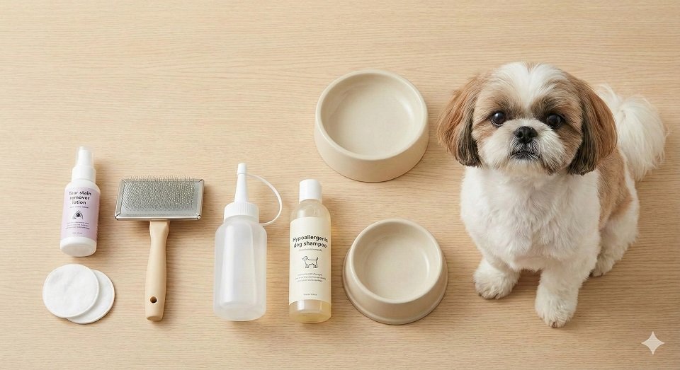 Mesa organizada com vários produtos para Shih Tzu: escova rasqueadeira, loção limpa lágrimas, shampoo e bebedouro especial, com um cão Shih Tzu ao lado.
