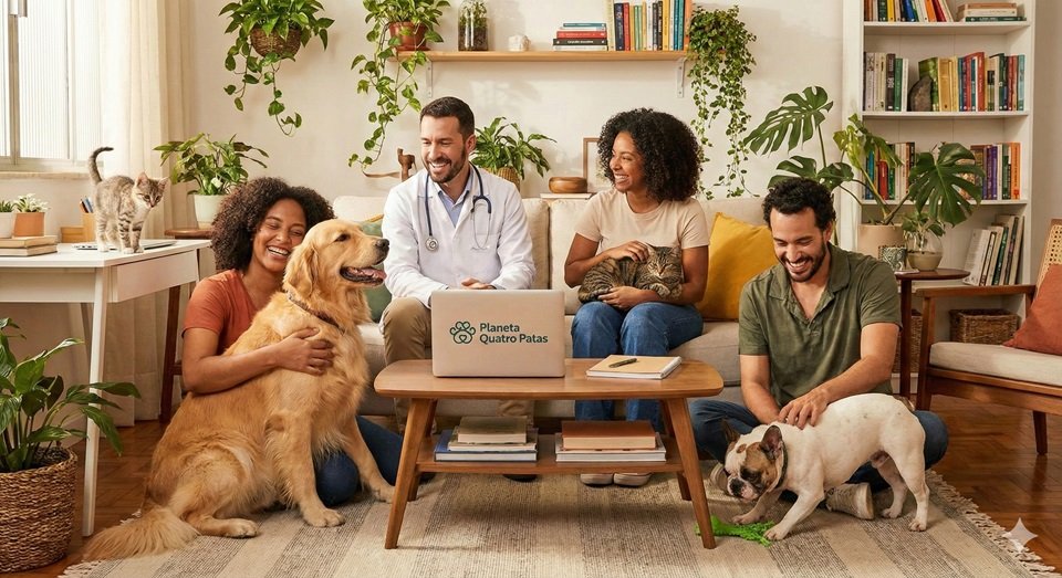 Equipe do Planeta Quatro Patas reunida em um ambiente de trabalho iluminado e acolhedor, interagindo carinhosamente com cães e gatos enquanto trabalham em laptops, ilustrando a paixão e dedicação por trás do conteúdo do blog.