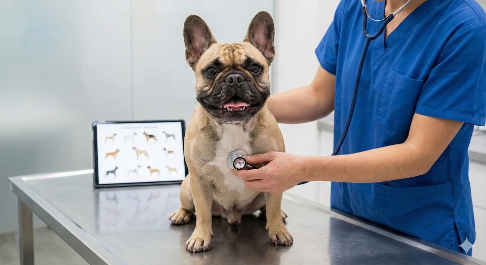 Bulldog Francês sentado na mesa de exame veterinário sendo auscultado, ilustrando raças com predisposição a problemas de saúde.
