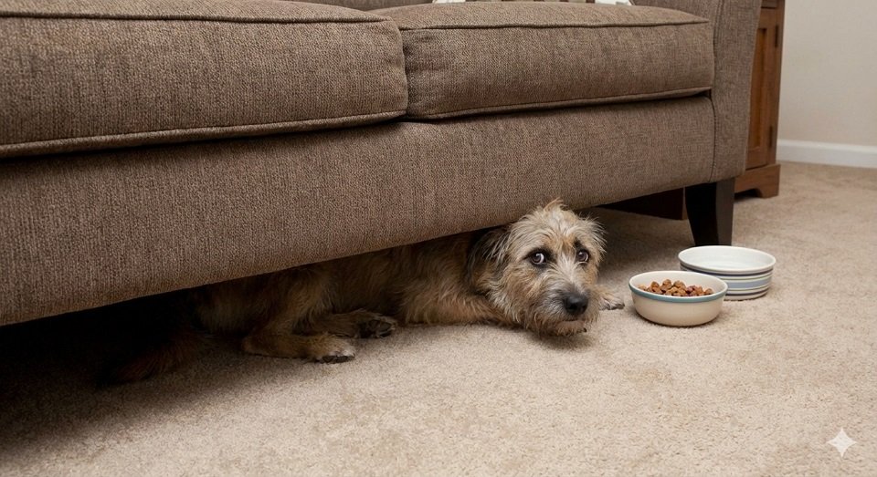 Infográfico visual ou foto de cão tímido escondido no canto (fase dos 3 dias).