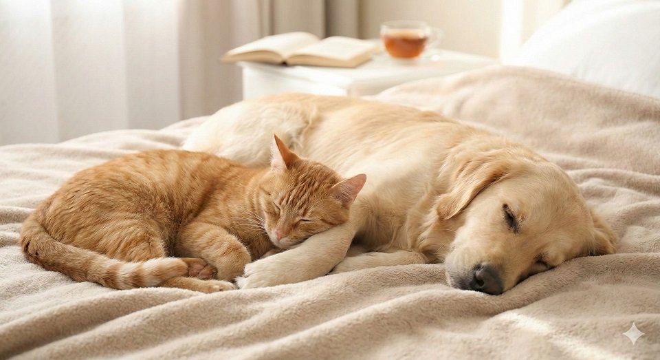 Cão e gato dormindo profundamente juntos em uma cama confortável, representando uma rotina desacelerada de paz e relaxamento.