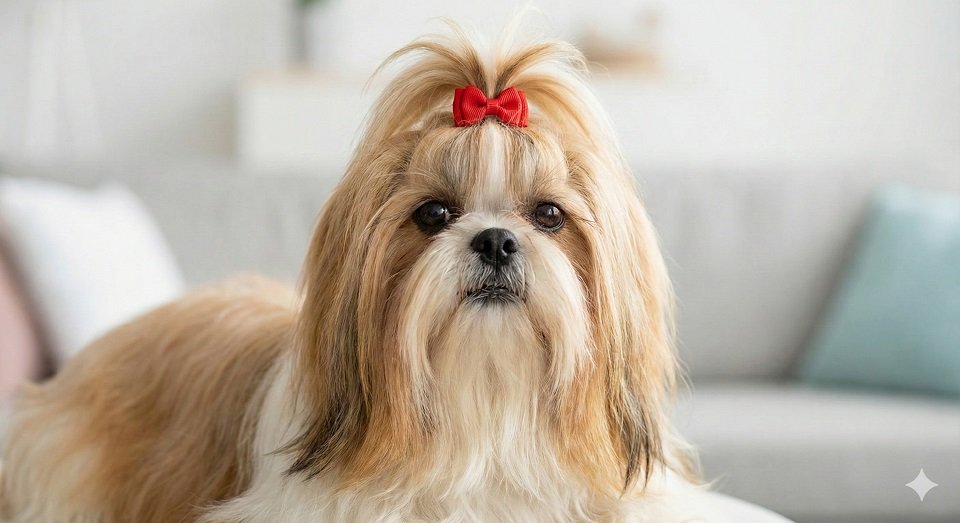 Shih Tzu com laço na cabeça olhando para a câmera com expressão doce, ilustrando o temperamento dócil da raça.