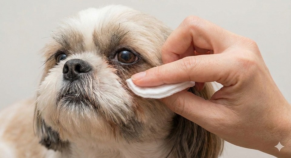 Tutor aplicando produtos para Shih Tzu na região dos olhos do cão para limpar manchas de lágrima ácida.