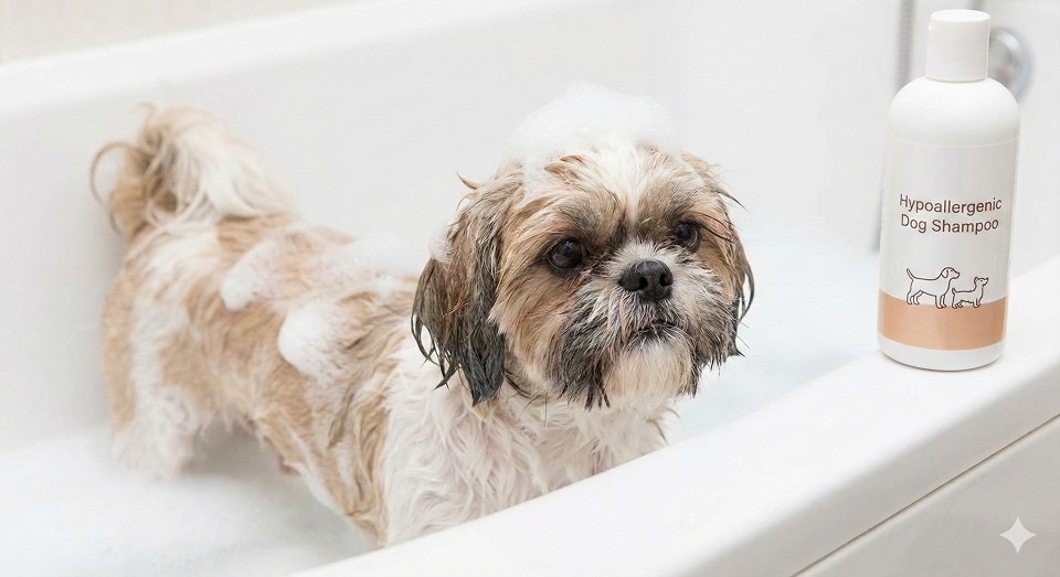 Shih Tzu molhado no banho com espuma, ao lado de um frasco de shampoo hipoalergênico.