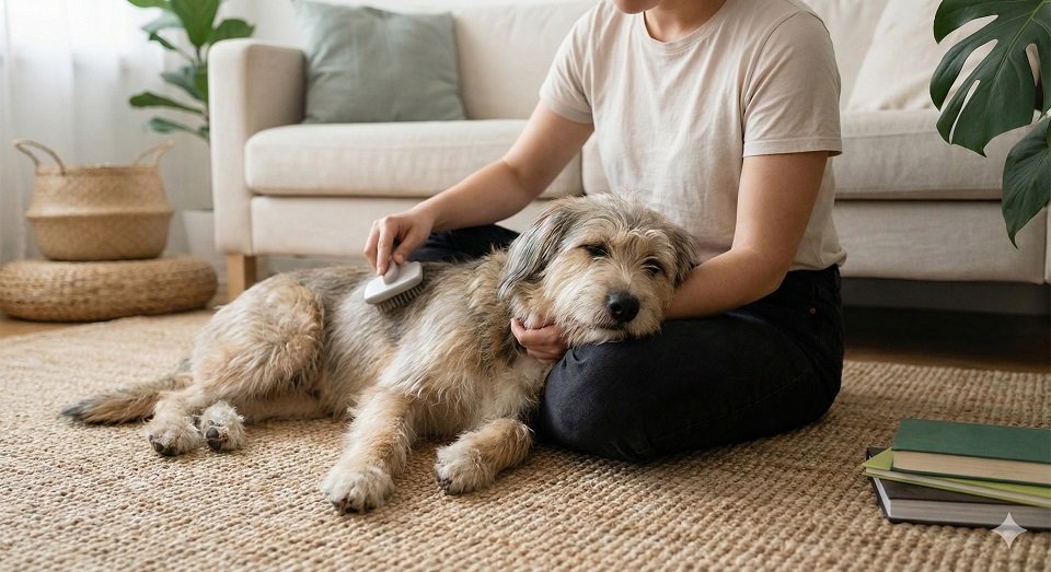 Tutor sentado no chão da sala fazendo carinho e escovando um cachorro calmo de forma relaxada.