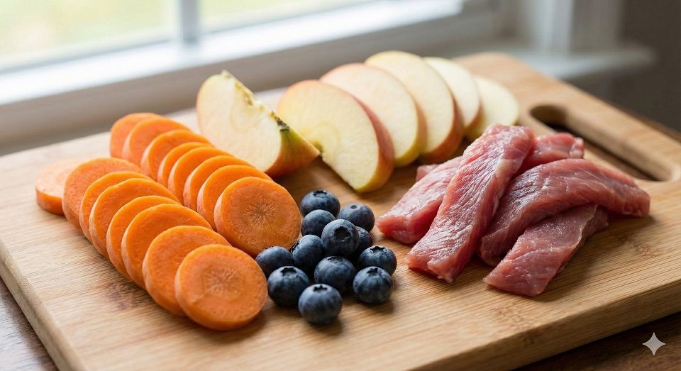 Mesa exibindo maça, cenoura e carne fresca, mostrando a variedade dos melhores petiscos naturais para cães