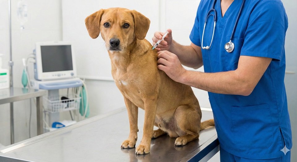 Veterinário aplicando vacina em um vira-lata caramelo tranquilo na mesa de exame.