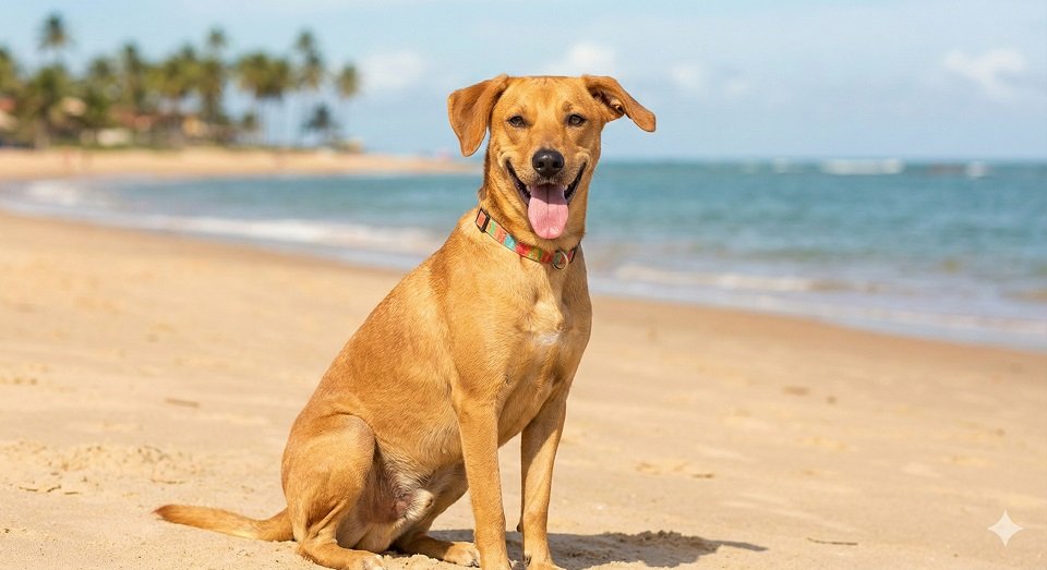 Cachorro vira-lata caramelo clássico sorrindo na areia da praia com a língua para fora.