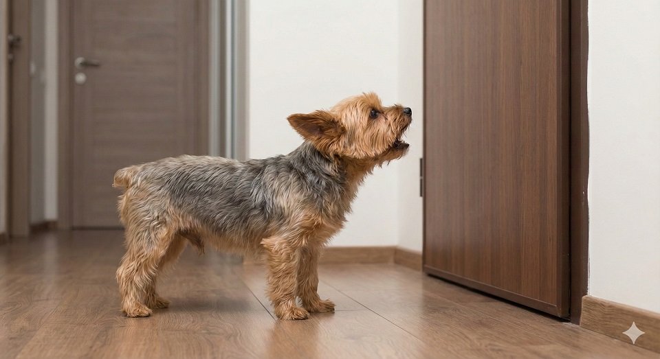 Yorkshire em postura de alerta, olhando para a porta, ilustrando seu instinto de cão de alarme.