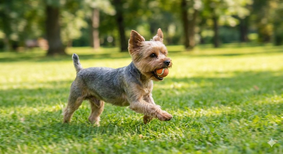 Um Yorkshire com "tosa bebê" (pelo curto) correndo alegremente na grama com uma bolinha pequena.