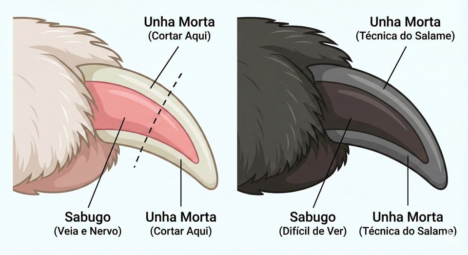 Ilustração gráfica ou foto macro a mostrar a diferença entre a ponta morta da unha e a parte rosa (o sabugo) onde existem vasos sanguíneos.