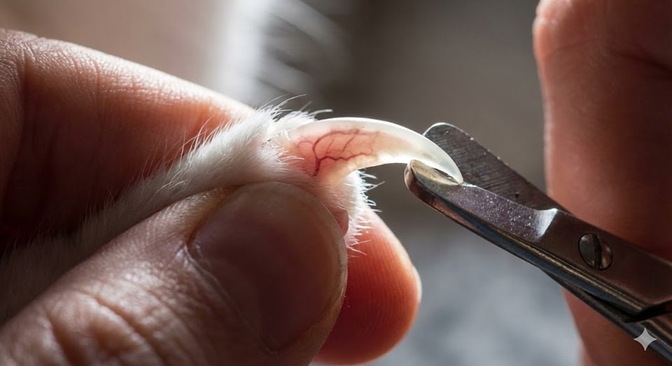 Close da garra de um gato contra a luz, mostrando a parte rosa (sabugo) e a ponta branca onde é seguro cortar unha de gato.