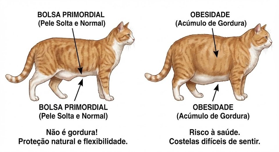 Ilustração comparativa: Gato de perfil. Seta apontando para a pele solta na barriga ("Bolsa Primordial - Normal") vs. Gato redondo ("Obesidade - Gordura nas costelas").