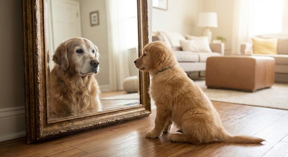 Um filhote olhando no espelho e vendo o reflexo de sua futura idade de cachorro adulta.