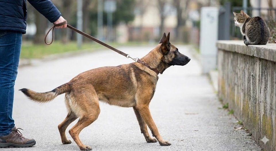 Um cachorro de porte médio na guia, com o corpo tenso e olhar fixo em um gato sentado em cima de um muro ao longe. O tutor segura a guia firmemente.