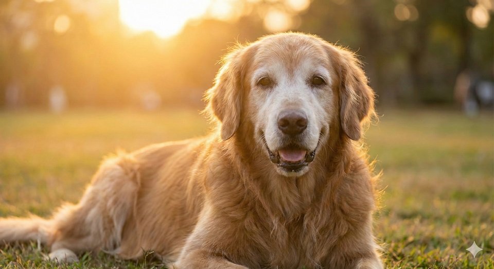 Um cachorro idoso, com o focinho grisalho, sorrindo num parque com luz de fim de tarde, transmitindo paz e longevidade.