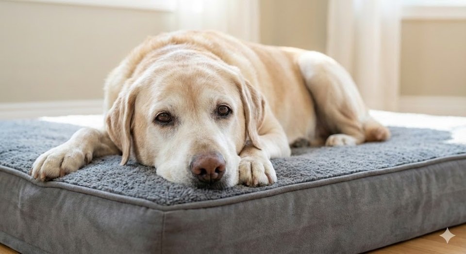 Um cão na terceira idade de cachorro descansando em uma cama ortopédica confortável.