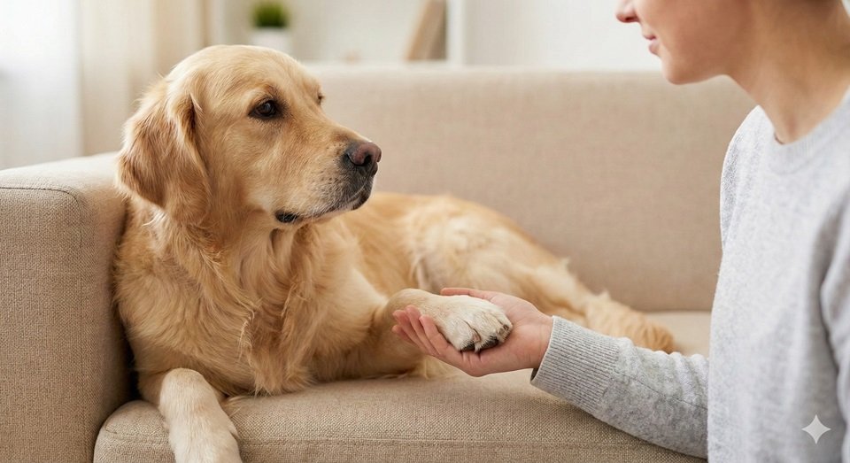 Um cão relaxado no sofá com o dono a segurar-lhe a pata suavemente, mostrando confiança.