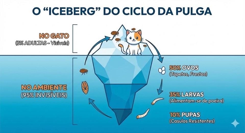 Infográfico de pirâmide: Topo pequeno (5% Pulgas Adultas), Meio (10% Pupas, 35% Larvas), Base enorme (50% Ovos no ambiente) o ciclo das pulgas em gatos.