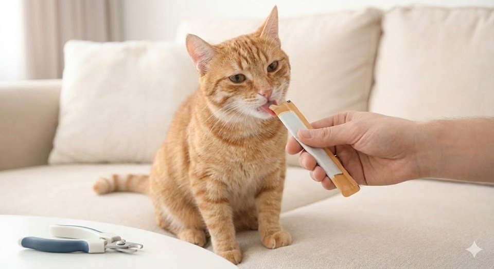 O mesmo gato tigrado recebendo um petisco cremoso do tutor como recompensa logo após cortar unha de gato.