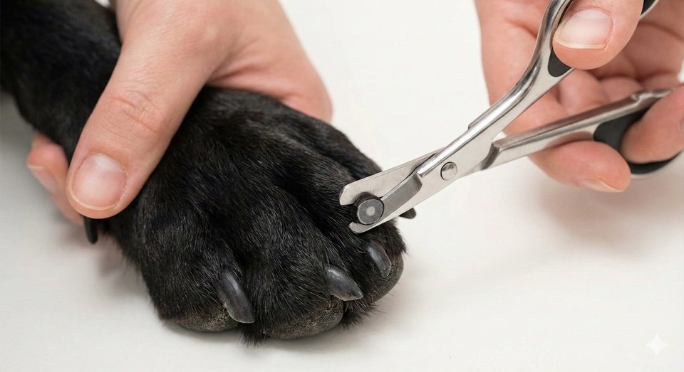 Detalhe de uma unha preta de cão a ser cortada, focando no centro da unha cortada que mostra um ponto calcário.