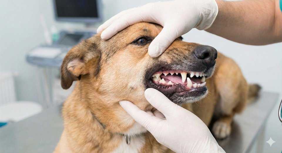 Veterinário mostrando os dentes limpos de um cachorro adulto.