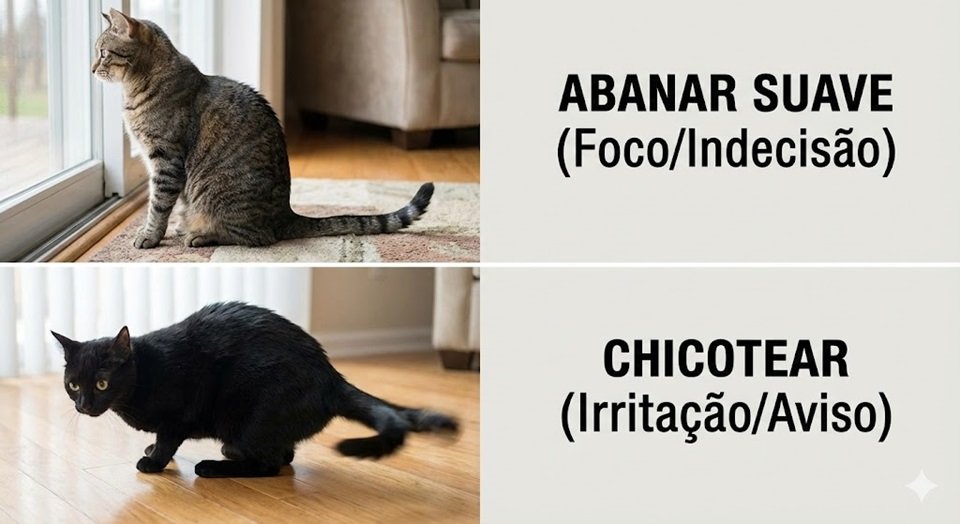 Painel comparativo: Gato sentado balançando a ponta do rabo suavemente (tédio/foco) vs. Gato batendo o rabo inteiro com força (raiva).