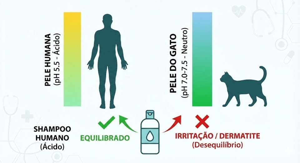 Infográfico simples comparando o pH: Humano (5.5 - Ácido) vs. Gato (7.0 a 7.5 - Neutro) explicando o banho em gato.