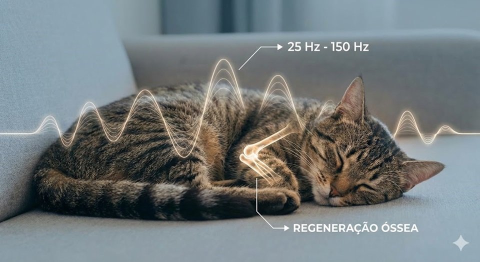 Infográfico ilustrando ondas sonoras saindo de um gato com a legenda "25Hz - 150Hz: Regeneração Óssea".