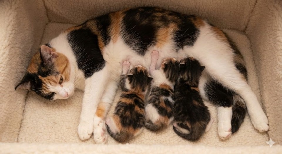 Filhotes mamando na gata mãe, ilustrando a origem de quando gatos amassam pãozinho.