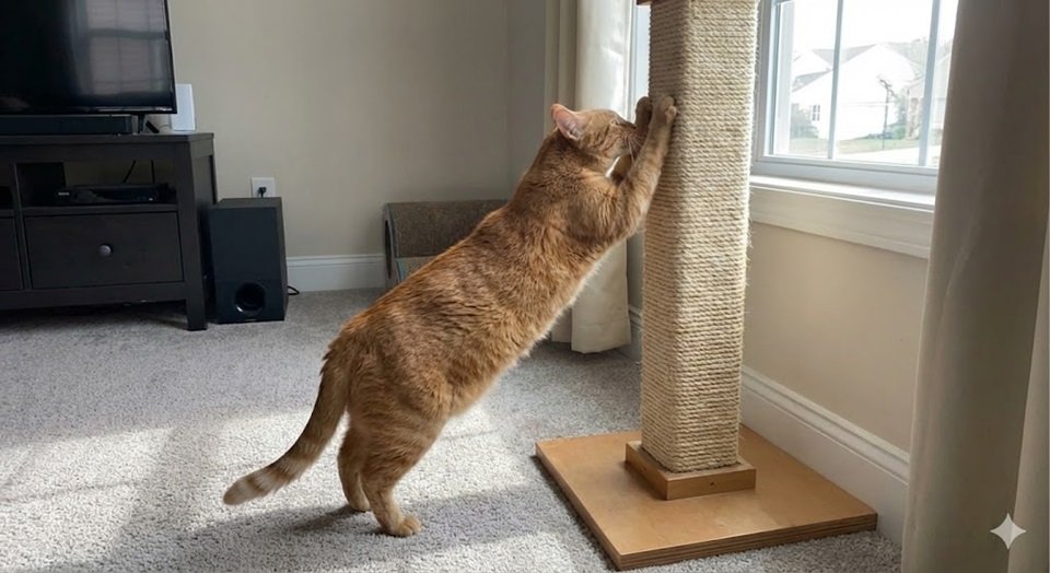 Um gato esticado ao máximo arranhando um poste de sisal alto e firme.