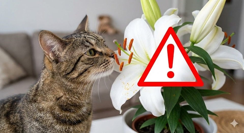 Gato curioso cheirando uma folha de Costela-de-Adão (Monstera) ou Lírio, Plantas Tóxicas com um ícone de alerta vermelho sobreposto.