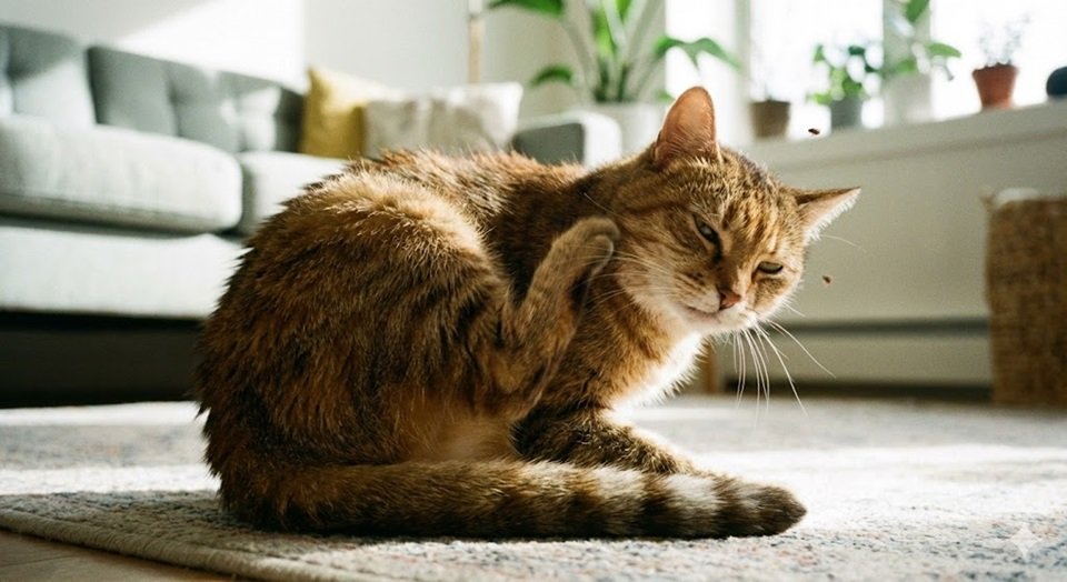Gato malhado sentado, usando a pata traseira para coçar vigorosamente a região do pescoço (sinal clássico).