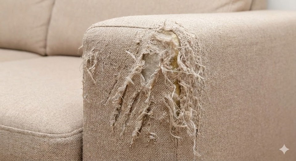 Close da lateral de um sofá desfiado por unhas de gato, ilustrando a falta de opção adequada.