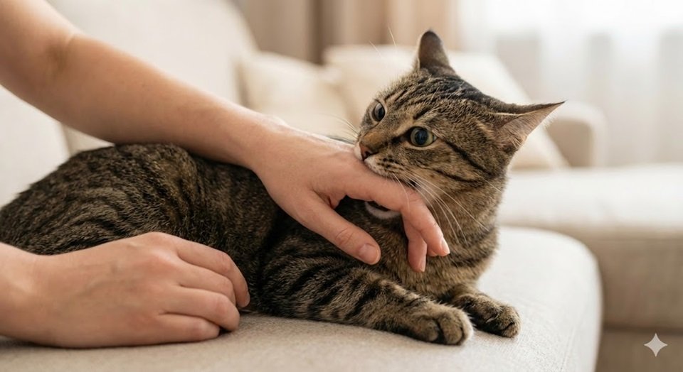 Um gato segurando a mão do tutor com as patas e mordendo levemente, com as pupilas dilatadas.