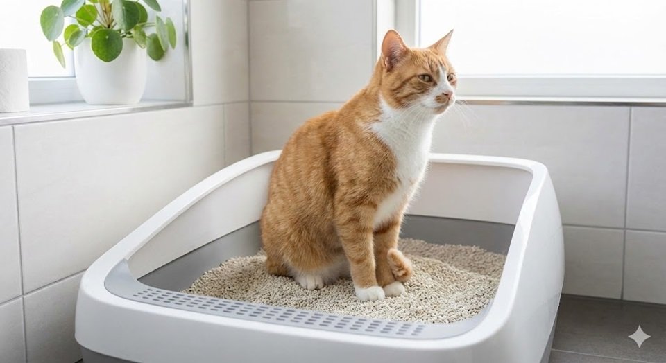 Gato com expressão satisfeita dentro de uma caixa de areia moderna e limpa, em um banheiro bem decorado.