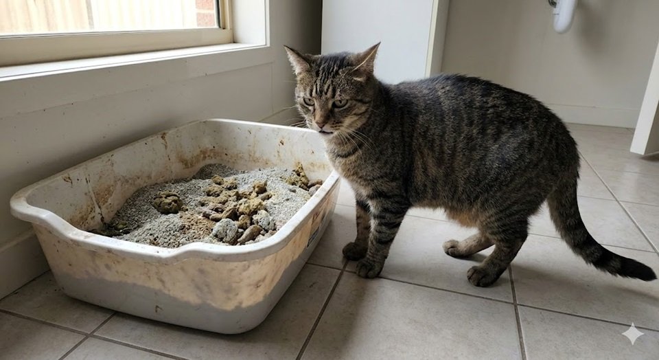 Gato com expressão de dúvida olhando para uma caixa de areia suja ou pequena demais e consequencia para o xixi fora da caixa..
