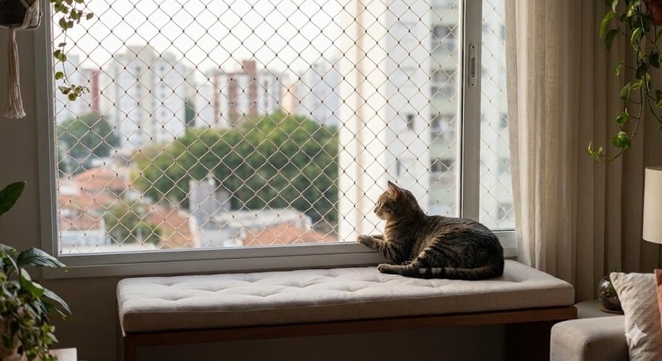 Um gato sentado confortavelmente numa prateleira perto da janela, olhando a rua através de uma tela de proteção segura.