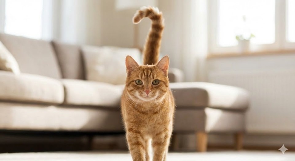 Gato caminhando em direção à câmera com a cauda erguida e a ponta curvada, formando um ponto de interrogação mostrando a linguagem corporal do gato.