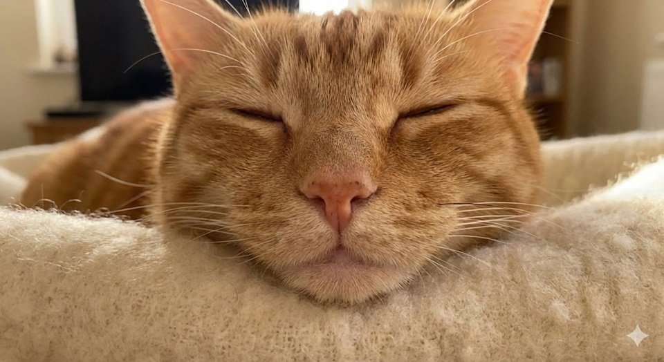 Close extremo do rosto de um gato com olhos fechados e expressão de êxtase, ilustrando por que gatos ronronam de prazer.